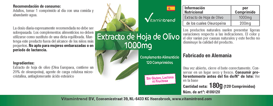 Estratto di foglie d'olivo 1000mg, 120 compresse, 20% oleuropeina, ad alto dosaggio, vegan
