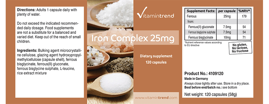 Iron complex 25mg - 120 capsules, vegan, bulk pack for 4 months