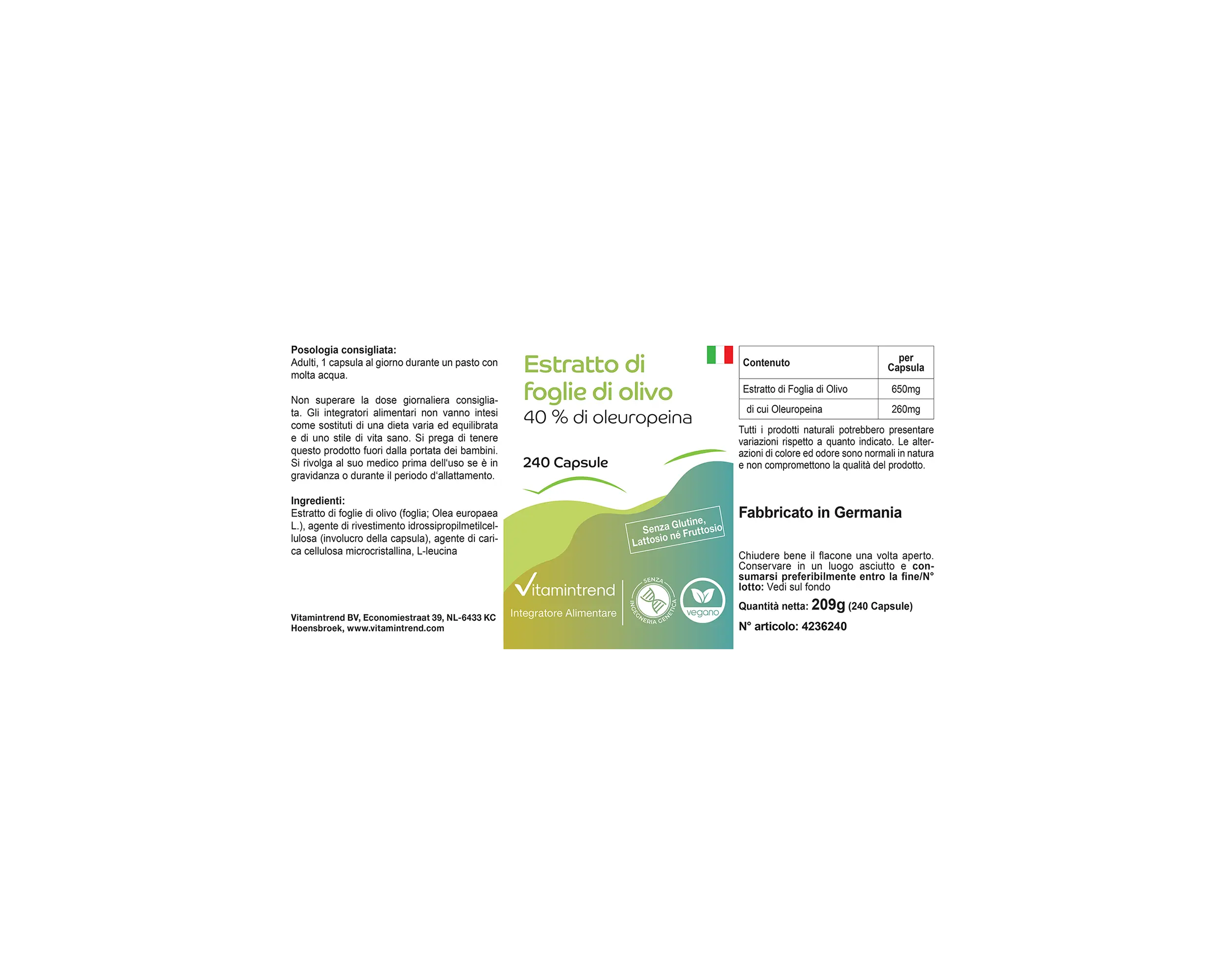 Extrait de feuille d’olivier avec 40% d’oléuropéine - 240 gélules | Vitamintrend