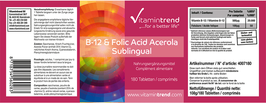 Vitamin B12 & Folsäure sublingual mit Acerola 180 Tabletten, vegi, Großpackung für 1/2 Jahr