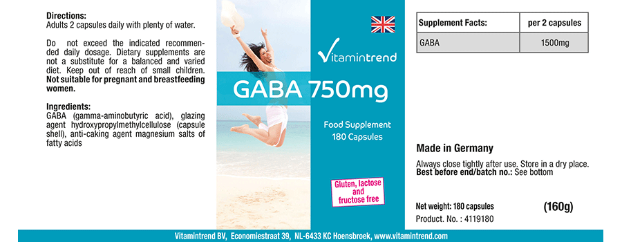 GABA 750mg - hochdosiert - vegan - 180 Kapseln