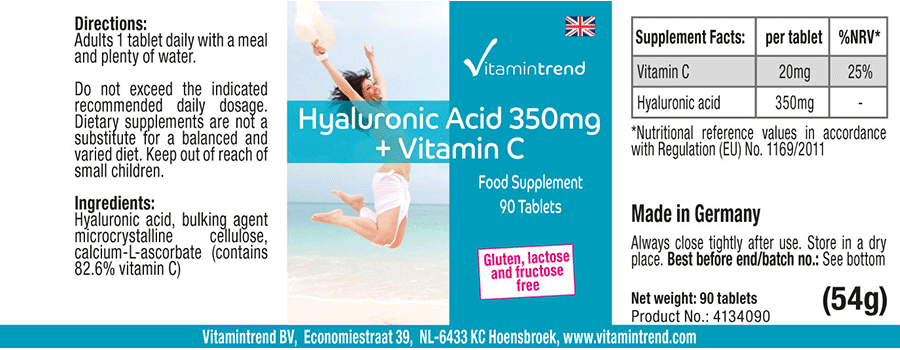 Hyaluronsäure 350mg + Vitamin C - vegan - 90 Tabletten