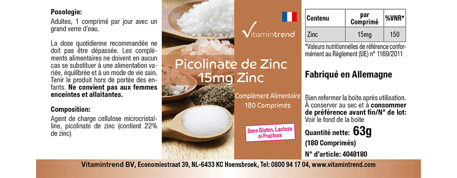 Zinc 15mg - Picolinato de zinc - 180 comprimidos