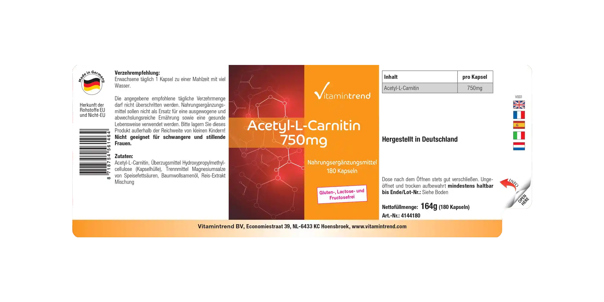 Acetyl-L-Carnitin 750mg - hochdosiert - vegan - 180 Kapseln