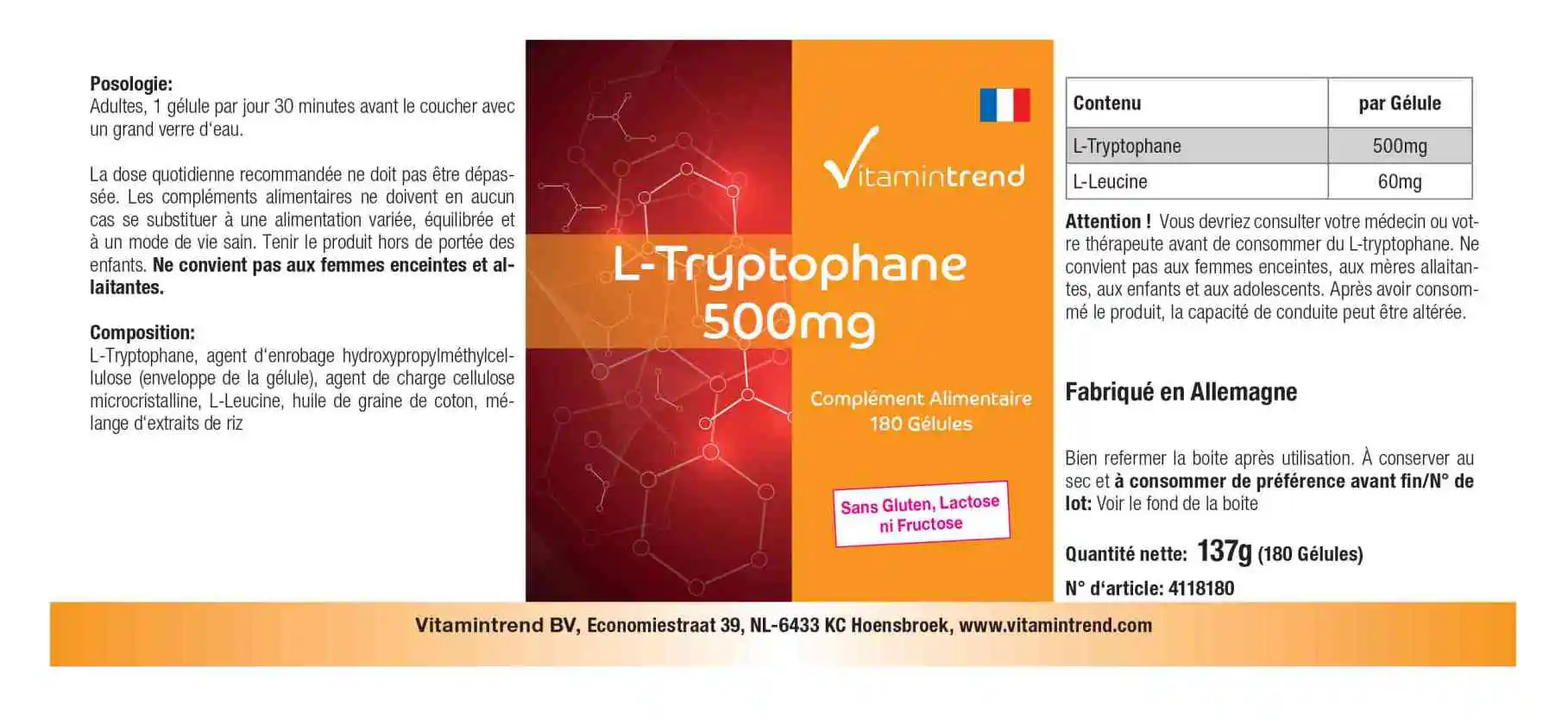 L-Tryptophane 500mg - végétalien - 180 gélules - emballage géant