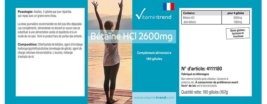 Betain-HCL 2600mg Tagesverzehr - 180 Kapseln, vegan