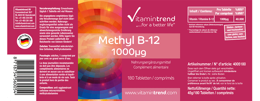 Methyl B-12 1000µg 180 Tabletten, vegan, Großpackung für 1/2 Jahr Methylcobalamin