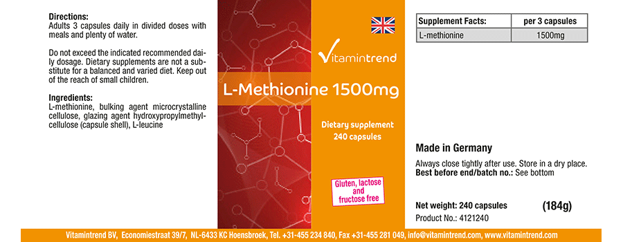 L-Methionin 1500mg Tagesverzehr - 240 Kapseln, vegan