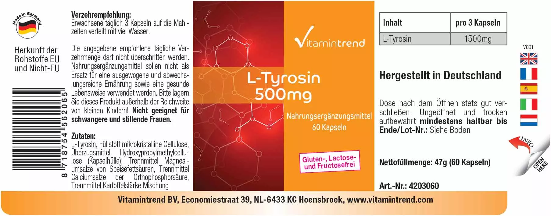 L-Tyrosin 500mg - 60 Kapseln - proteinogene Aminosäre
