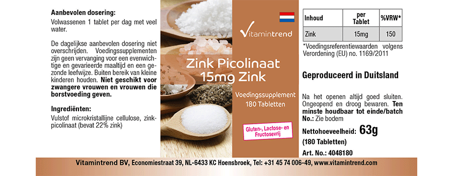 Zinc 15mg - Picolinato de zinc - 180 comprimidos