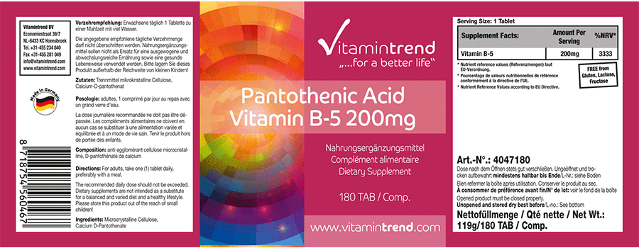 Acide pantothénique vitamine B5 200mg 180 comprimés flacon avantageux pour 6 mois, végétalien