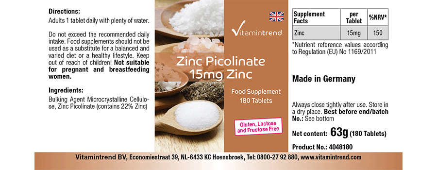 Zinc 15mg Picolinate de zinc 180 Comprimés organique