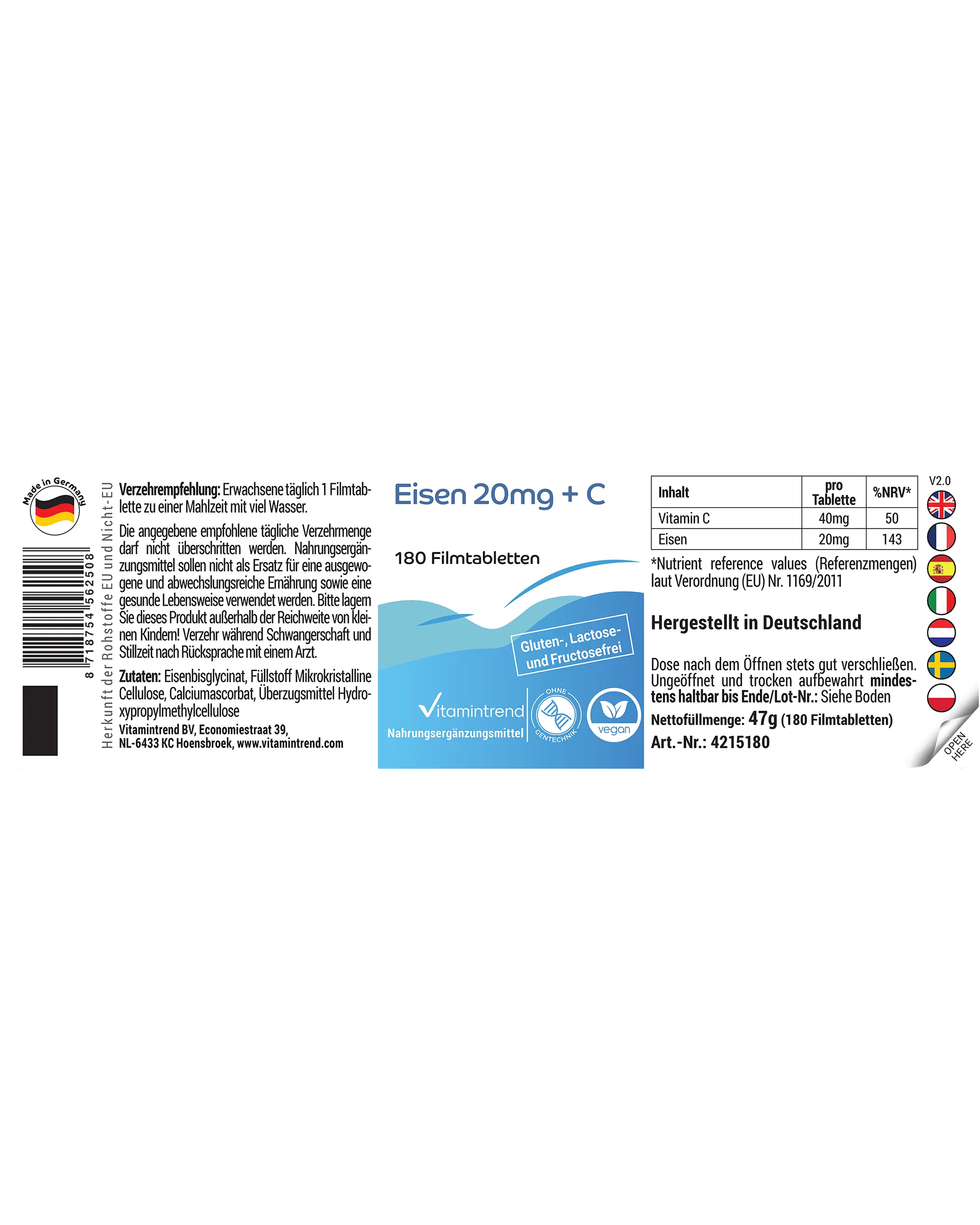 Eisen 20mg + C - 180 Filmtabletten | Vitamintrend