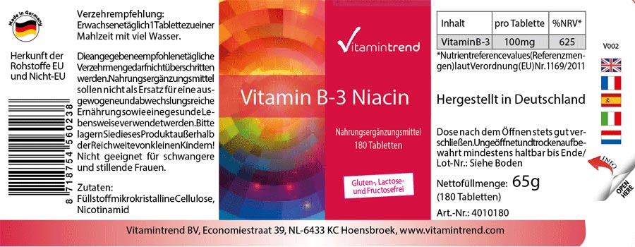 Niacina 100mg 180 Compresse Vitamina B3 confezione 6 mesi, vegan