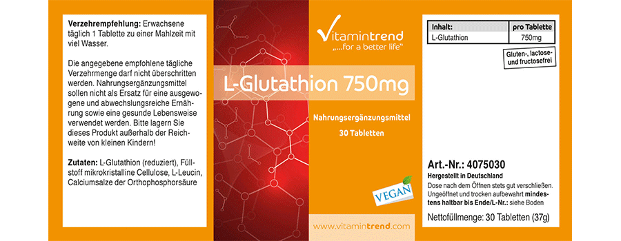 L-Glutathion 750mg - vegan, 30 Tabletten, hochdosiert, biologisch aktive (reduzierte) Form