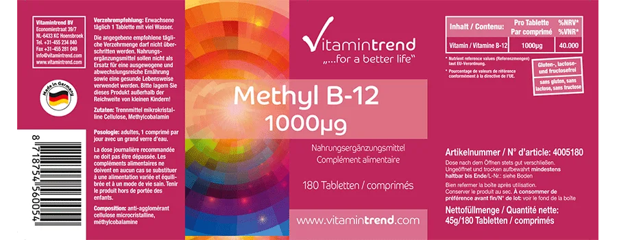 Metilcobalamina B-12 1000µg - 180 compresse - Vegan - Confezione sfusa per 1/2 anno