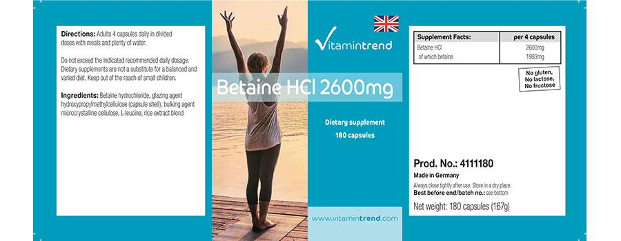 Betaine HCL 2600mg daily intake - 180 capsules, vegan