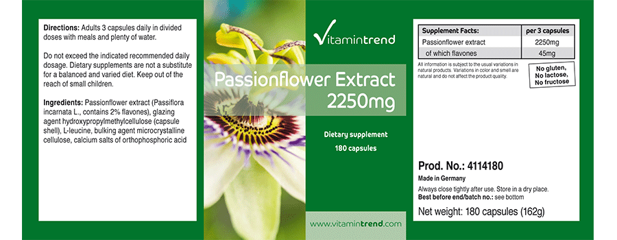 Passionsblume-Extrakt 2250mg Tagesverzehr - 180 Kapseln, vegan