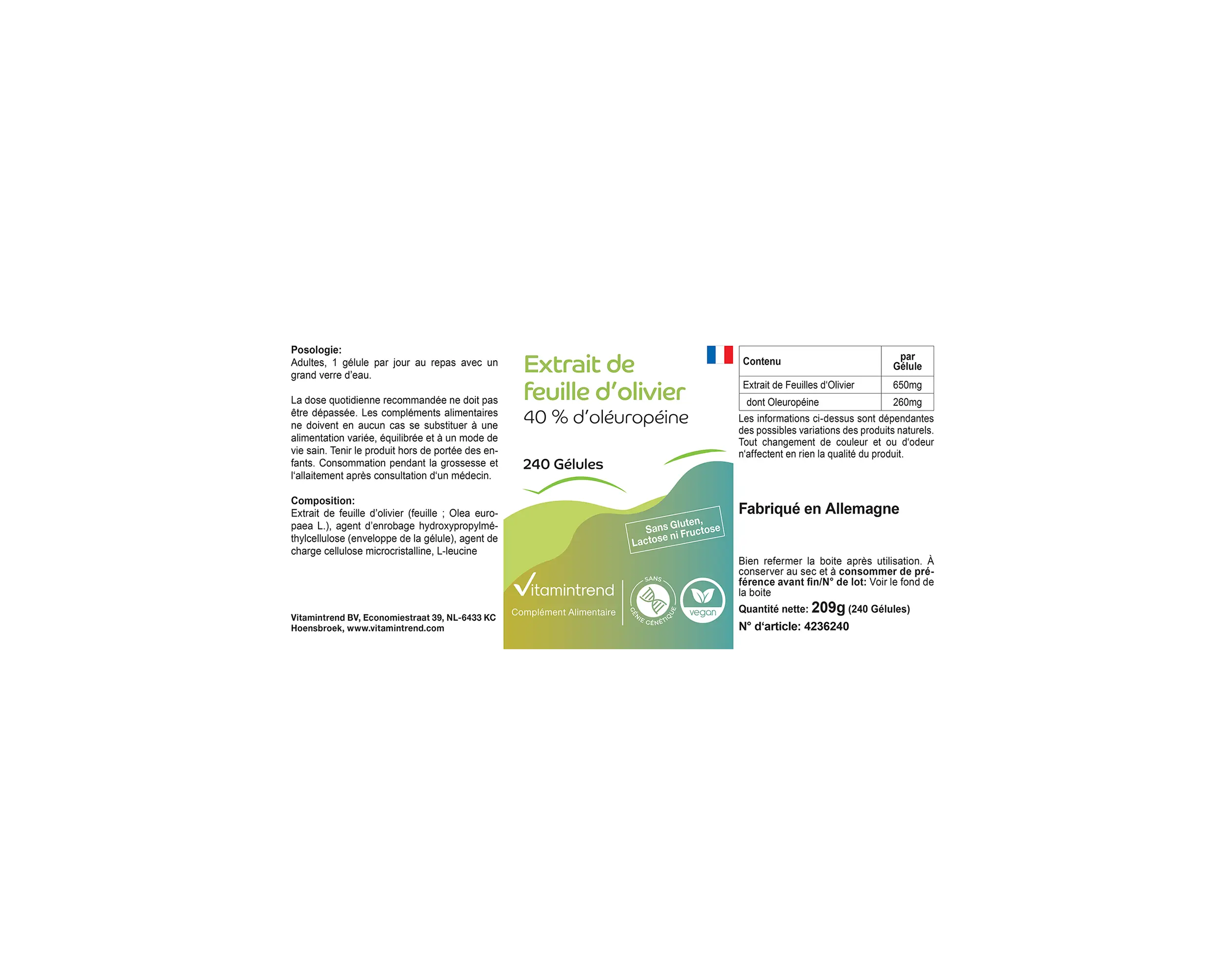 Extrait de feuille d’olivier avec 40% d’oléuropéine - 240 gélules | Vitamintrend
