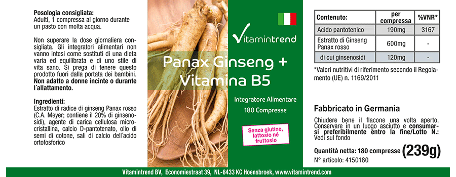 Panax Ginseng + Vitamin B5 - vegan - 180 Tablets - bulk pack