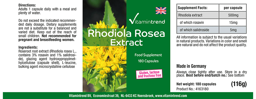 Rhodiola Rosea Extrakt 500mg - vegan - 180 Kapseln für 6 Monate