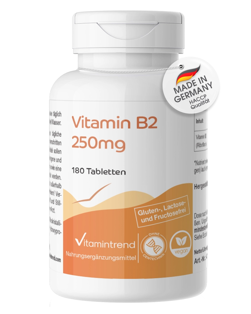 Vitamina B2 250mg - 180 Compresse - copre oltre il 100% del fabbisogno giornaliero - facile da deglutire | Vitamintrend