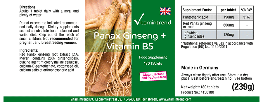 Panax Ginseng + Vitamin B5 - vegan - 180 Tabletten - Großpackung