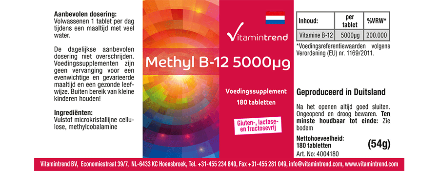 Methyl B-12 5000µg - Methylcobalamin - 180 Tabletten hochdosiert - Großpackung für 1/2 Jahr