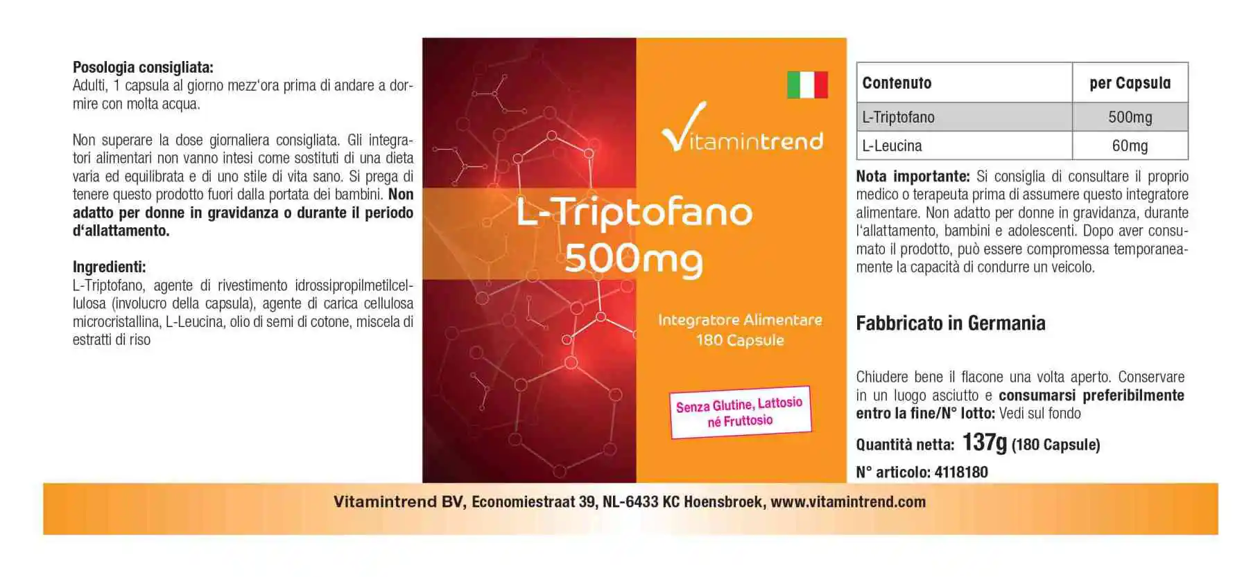 L-Triptófano 500mg - vegano - 180 cápsulas - paquete a granel