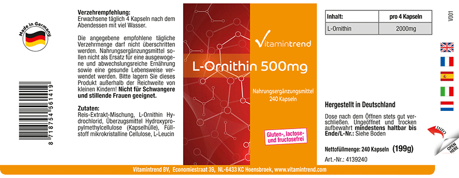 L-Ornitina 500mg - Vegan - 240 Capsule - Confezione grande