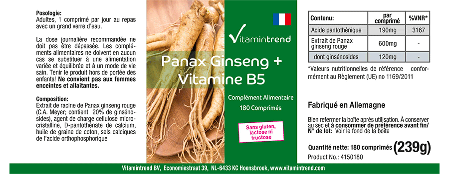 Panax Ginseng + Vitamin B5 - vegan - 180 Tabletten - Großpackung