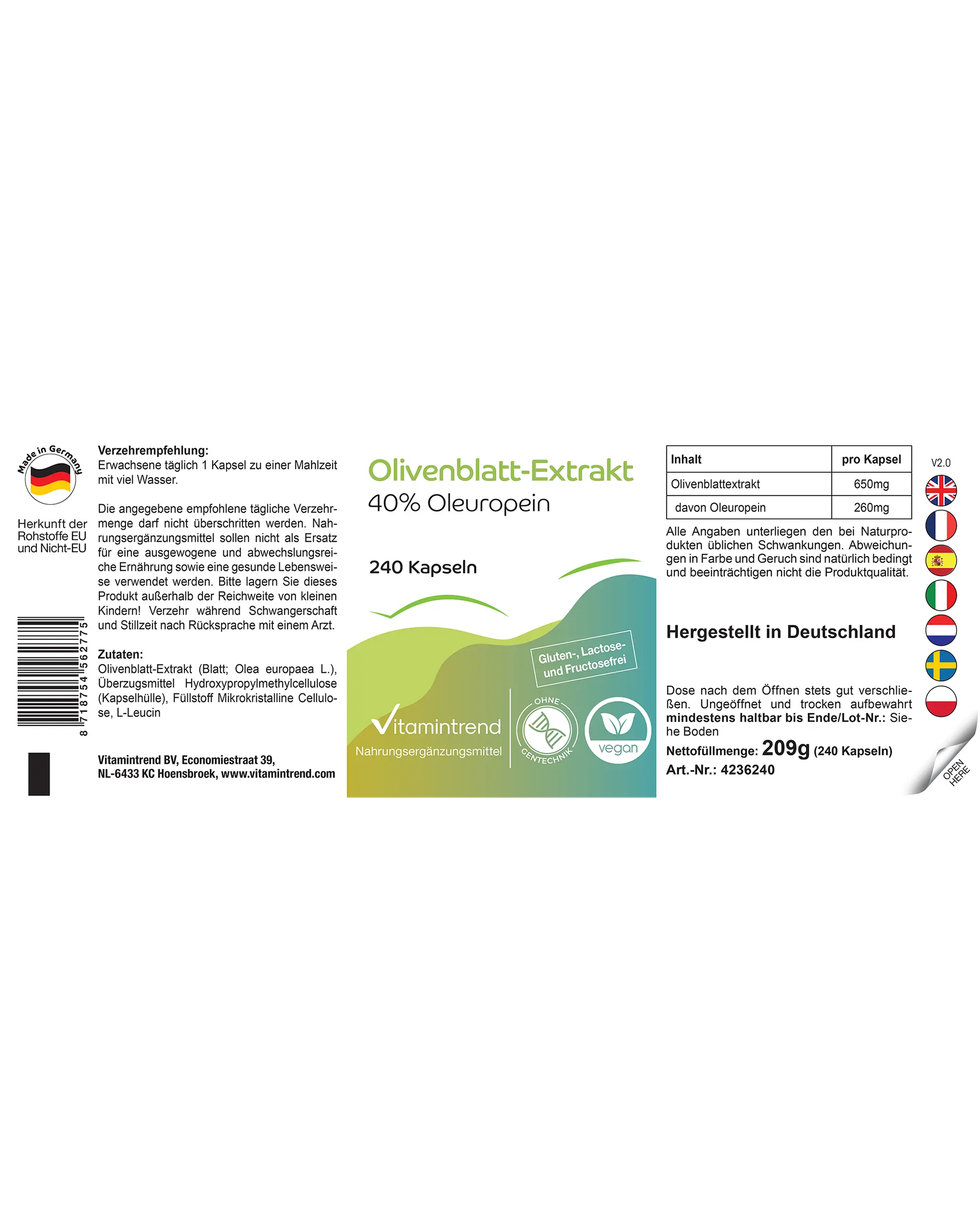 Extrait de feuille d’olivier avec 40% d’oléuropéine - 240 gélules | Vitamintrend