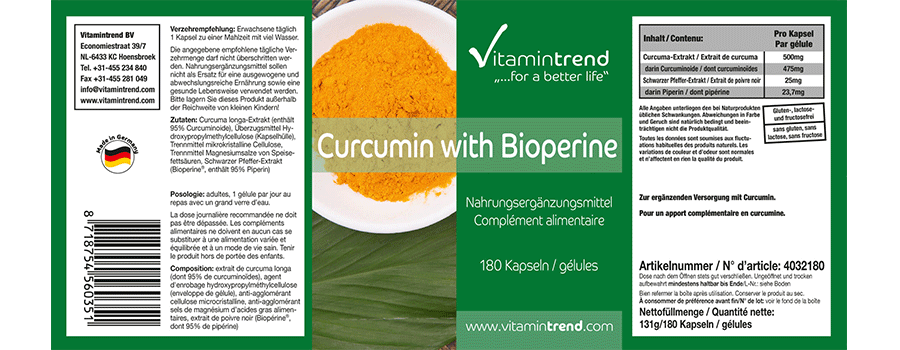 Curcumina 500mg con bioperina 180 capsule, 95% curcuminoidi, estratto di curcuma, confezione di 6 mesi