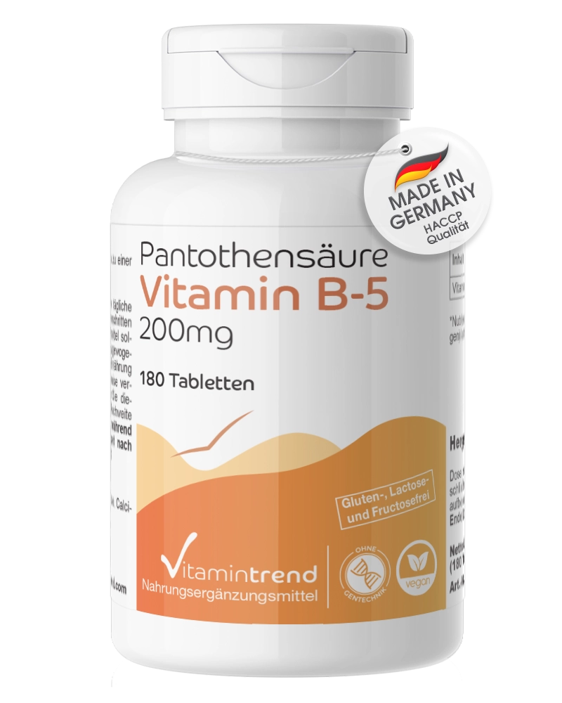 Acide pantothénique vitamine B5 200mg 180 comprimés flacon avantageux pour 6 mois, végétalien Acide pantothénique vitamine B5 200mg 180 comprimés flacon avantageux pour 6 mois, végétalien