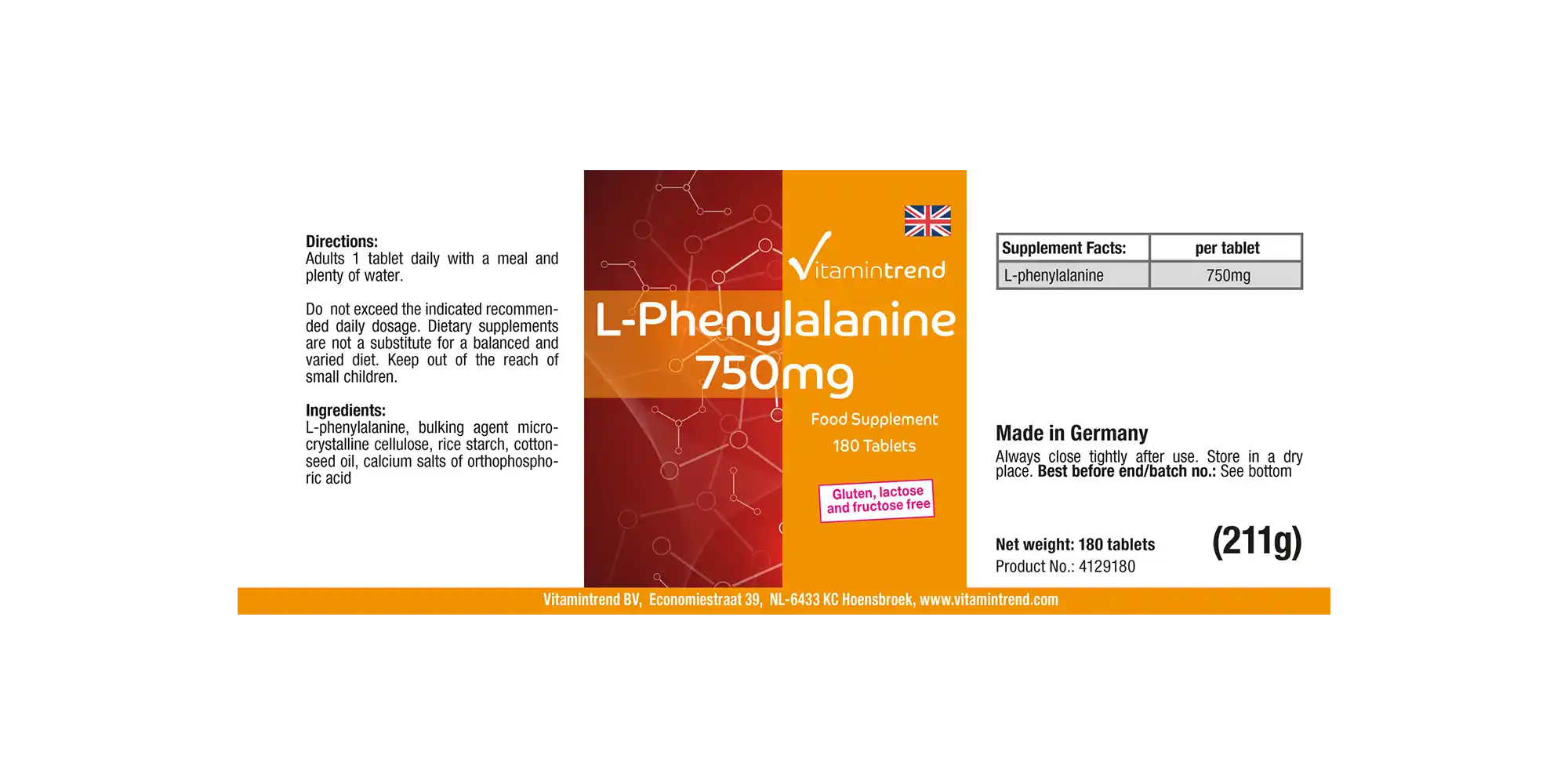 L-Phenylalanin 750mg - hochdosiert - vegan - 180 Tabletten