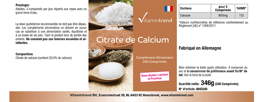 Citrato de calcio con 300 mg de calcio 240 comprimidos de sustancia pura orgánica, vegana