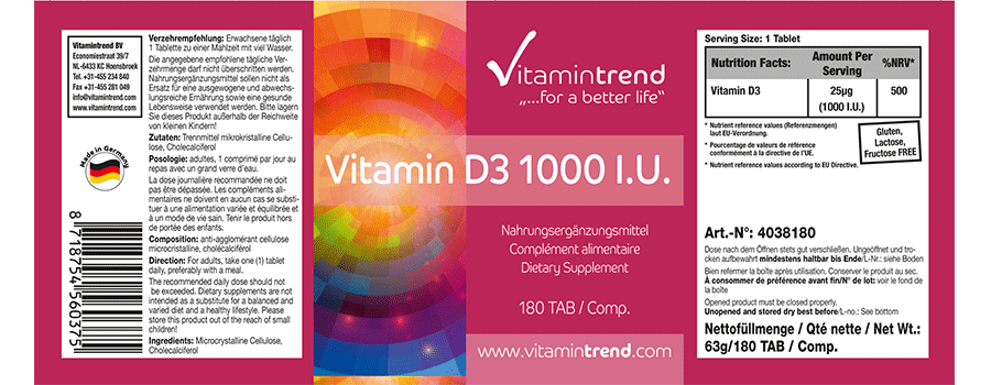 Vitamin D3 1000 I.E. 25µg 180 Tabletten, Cholecalciferol, Großpackung für 1/2 Jahr