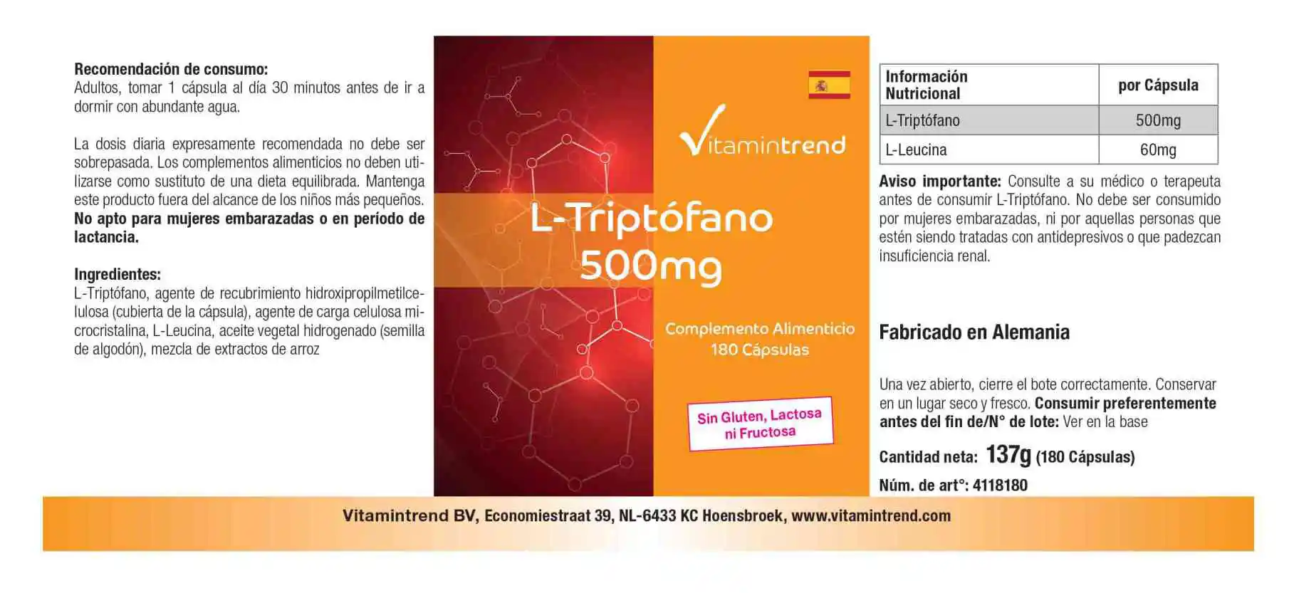 L-triptofano 500 mg - vegano - 180 capsule - confezione bulk