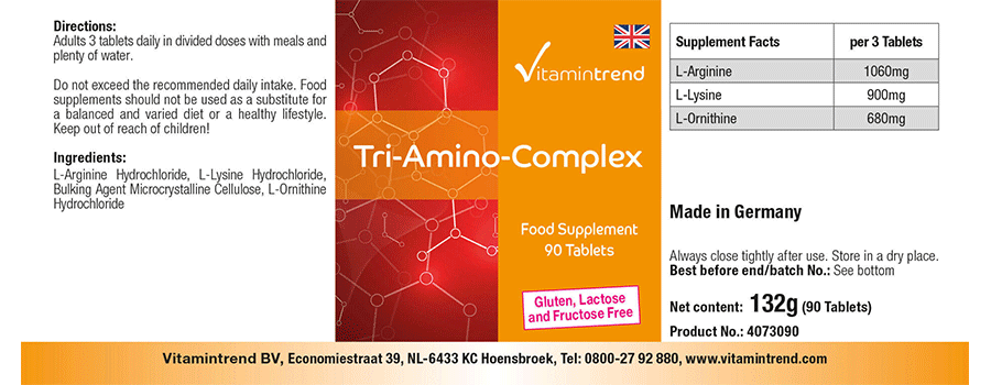 Tri-Amino complex 90 tablets, L-arginine L-ornithine L-lysine, vegan