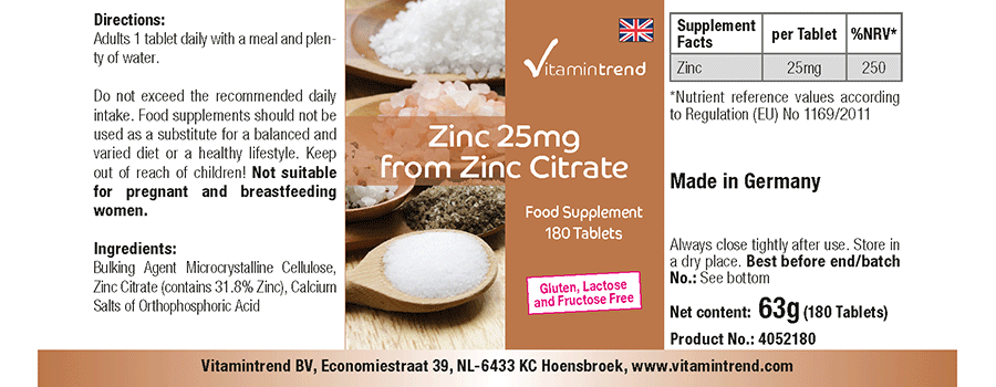 Zinc 25mg en citrate de zinc 180 Comprimés Végan