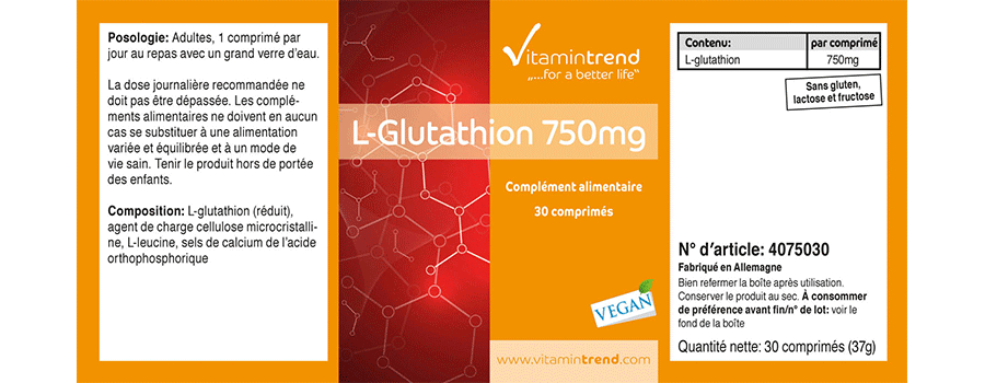 L-Glutathion 750mg - végan, 30 comprimés hautement dosé, sous forme active (réduite)