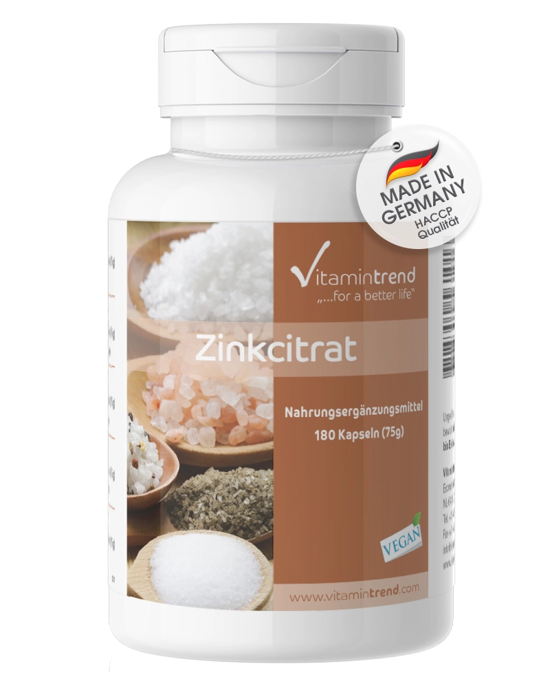 Zink 50mg Elementargehalt als Zinkcitrat - 180 Kapseln - vegan - hochdosiert - Großpackung für 1/2 Jahr | Vitamintrend Zink 50mg Elementargehalt als Zinkcitrat - 180 Kapseln - vegan - hochdosiert - Großpackung für 1/2 Jahr | Vitamintrend