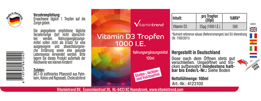 Vitamina D3 liquida 1000 U.I. - 100ml - Bottiglia vantaggiosa