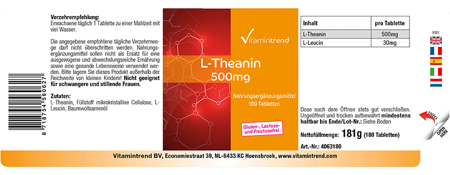 L-Theanin 500mg 180 Tabletten Großpackung für 1/2 Jahr, Brainbooster, vegi