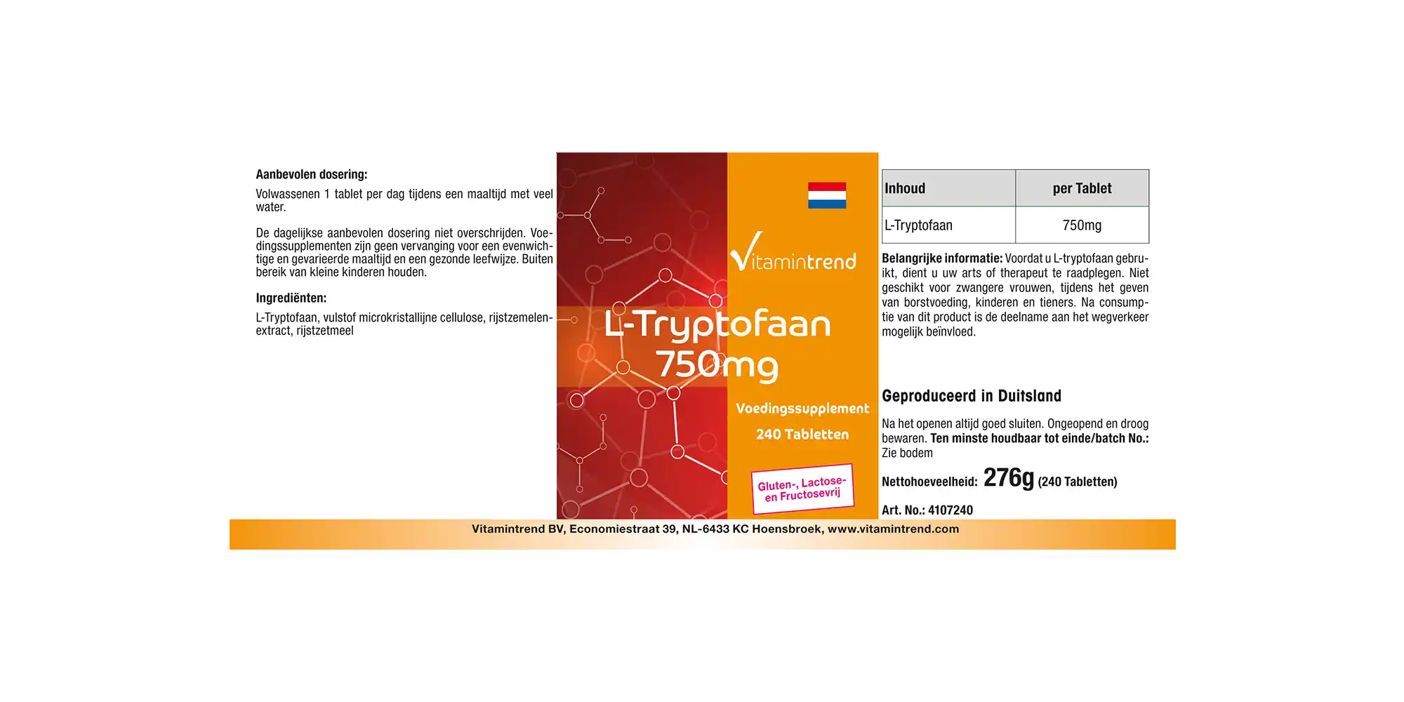 L-Tryptophan 750mg - vegan - 240 Tabletten – Großpackung