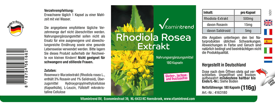 Rhodiola Rosea Extrakt 500mg - vegan - 180 Kapseln für 6 Monate