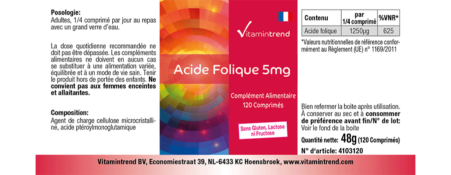 Folsäure 5mg - 120 Tabletten, vegan, hochdosiert, nur 1/4 Tablette täglich