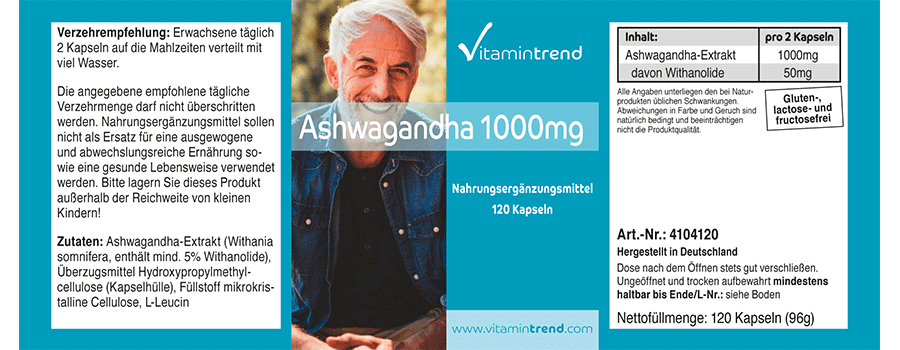 Ashwagandha-Extrakt 1000mg pro 2 Kapseln - 120 Kapseln, vegan