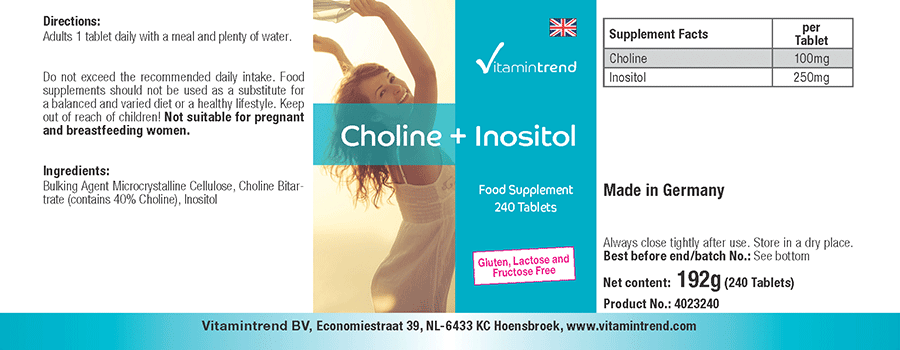 Cholin 100mg + Inositol 250mg - 240 Tabletten - Vegan - Großpackung für 8 Monate