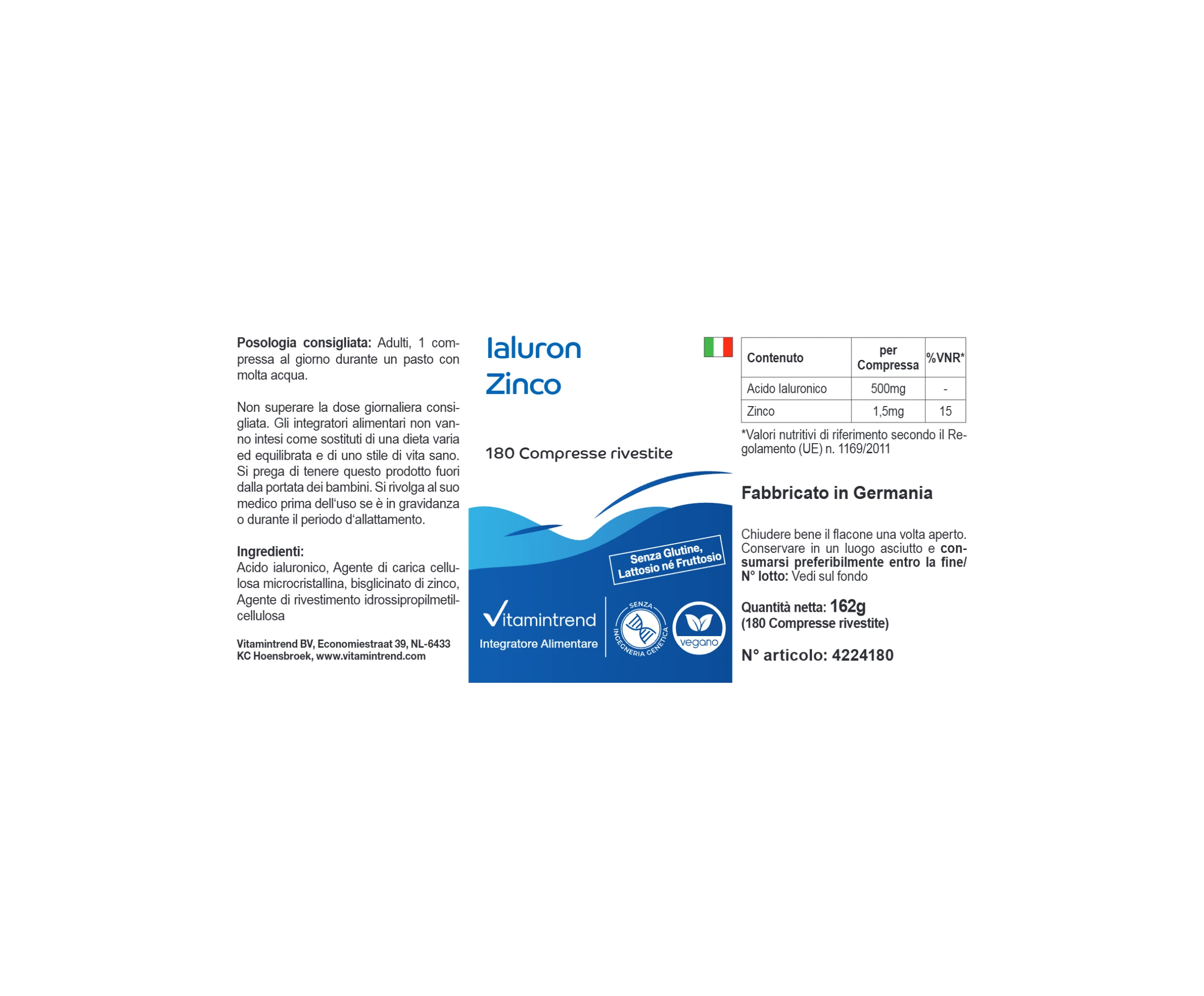 Acido ialuronico Zinco - 180 compresse rivestite con film | Vitamintrend